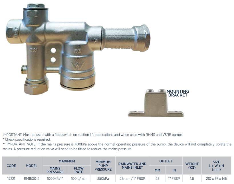 Rainpro RM1500 2 rain to mains changeover valve 25mm