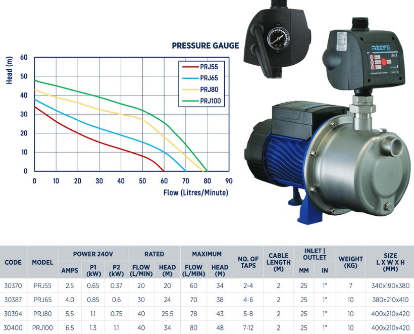 Reefe PRJ100 jet pressure pumps for household specifications and performance graph