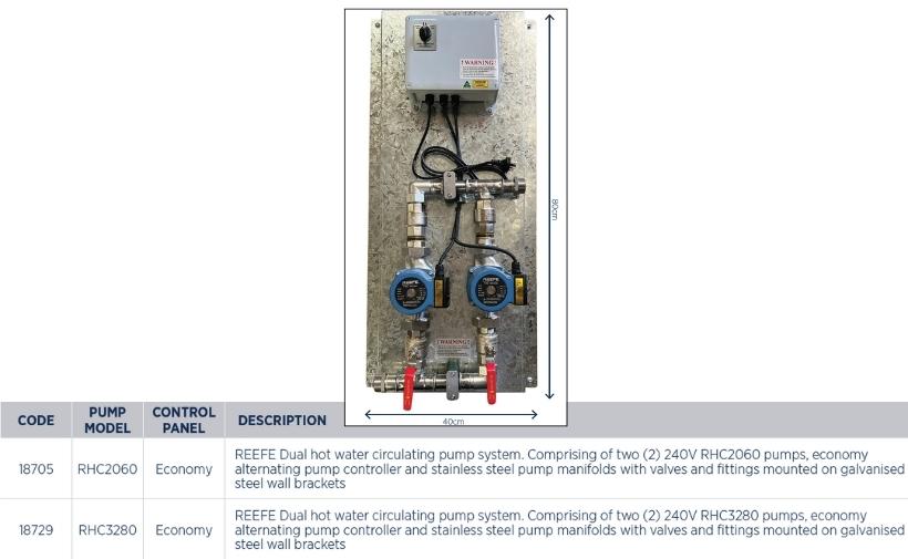 Reefe dual hot water circulator pump system specifications