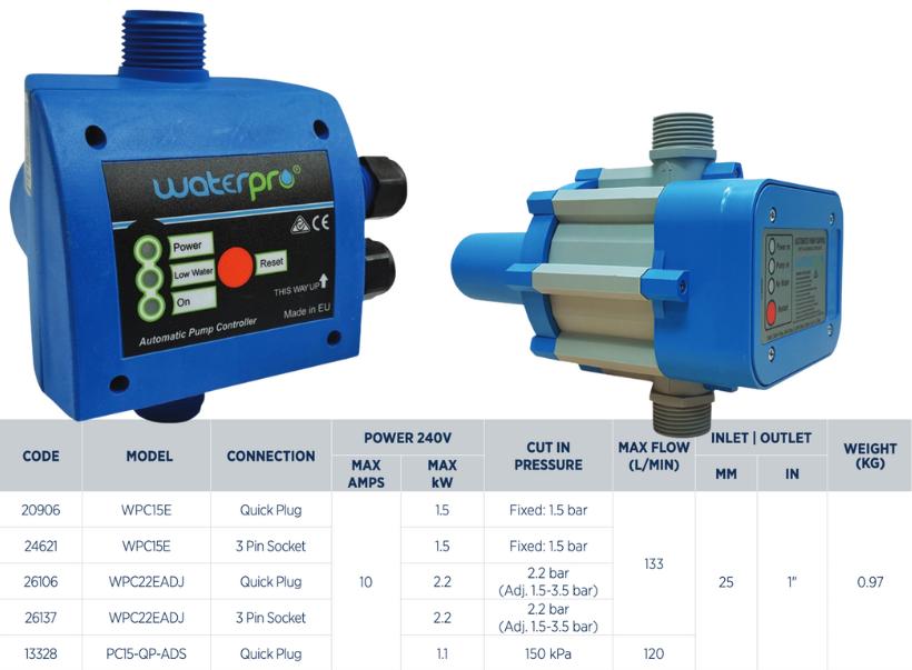 Waterpro automatic pressure controller range specifications