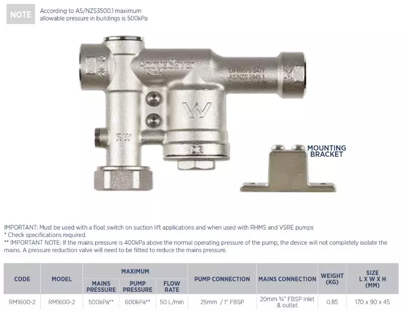Rainpro RM1600 2 rain to mains changeover valve 20mm
