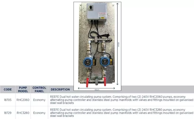 Reefe dual hot water circulator pump system specifications