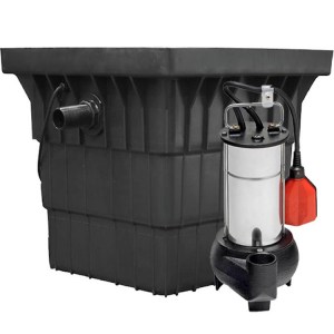 Reefe sump pump system in poly pit with RVC260 vorte sump pump - Water Pumps NowGrey water sump pump in preassembled poly pump pit with lid - Water Pumps Now